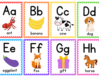English educational cards with pictures of animals