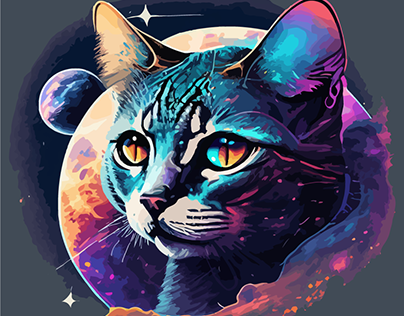 Cosmic portrait of a colorful planet cat