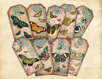 Vintage Butterflies on Damask Printable Gift Tags