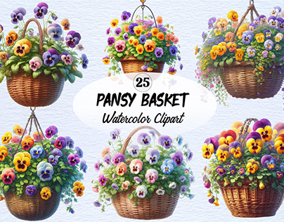 Watercolor Pansy Basket Clipart