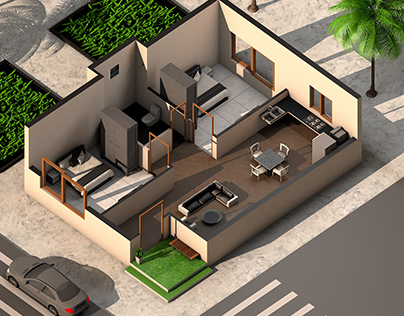 3D Floor Plan Of 2 Beds Apartment