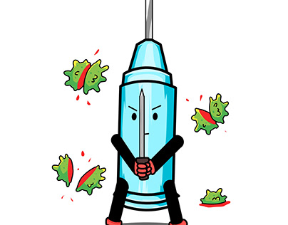 Cartoon illustration syringe vs covid-19