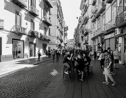The street of Naples in black and white.