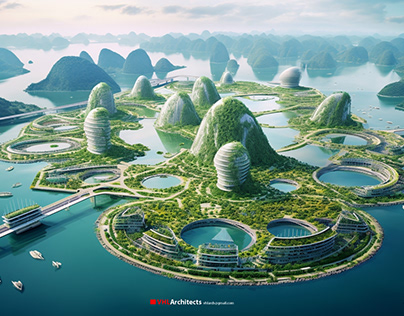 Smart City futuristic 2100 off the of Ha Long Bay