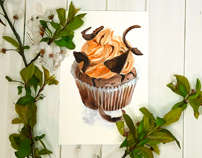 Cupecake with chocolate. Watercolor. Tutorial