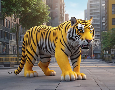 The tiger walking in the city