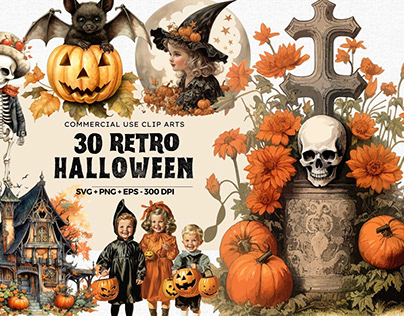 30 Retro Halloween Clipart