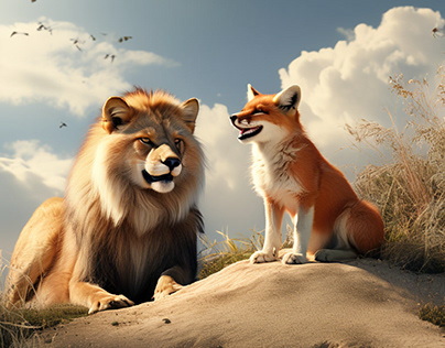 a fox is sitting on a hill smiling and a lion is