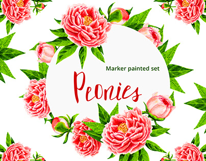 Design with marker painted peonies flowers