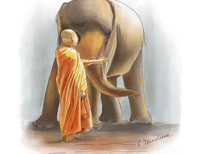 Монах и слон. Акварель. Procreate