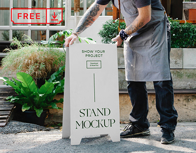 Free Restaurant Stand with People Mockup
