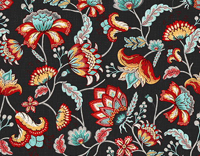 Red and Light Blue Indian Floral in Dark Gray