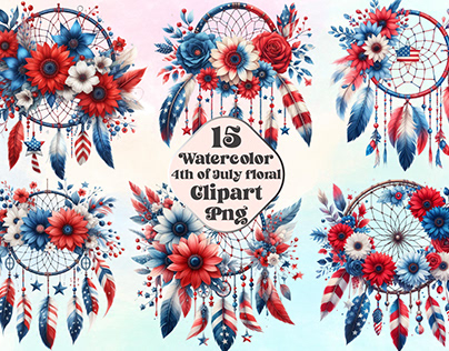 Watercolor 4th of July Floral Clipart