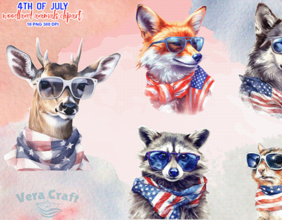 4th of July Woodland Animals Watercolor Clipart