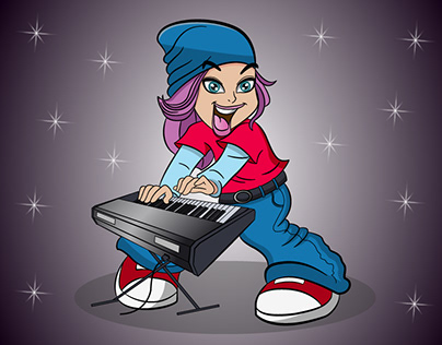 A funny girl plays the synthesizer. Character design