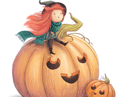 Little Witch and Halloween Pumpkins Illustration