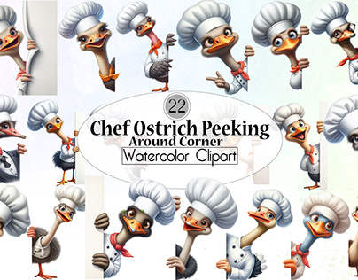 Watercolor Peeking Chef Ostrich Clipart