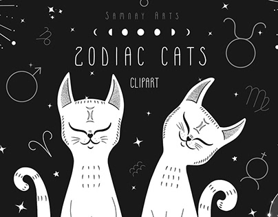 Zodiac cats. Mystic astrology clipart