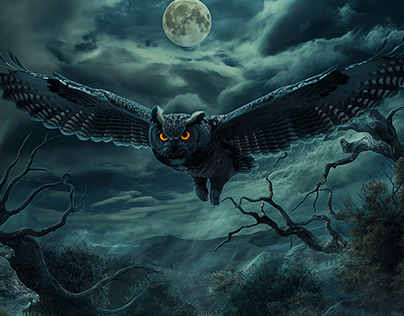 Mystical scary owl at dark night.
