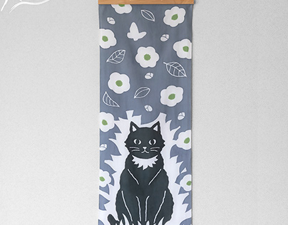 A-tenugui/ Black cat Japanese towel /Gray