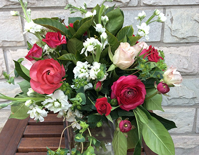 Hand-tied Bouquet Featuring Ranunculus, Stock, & Roses