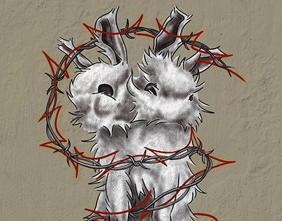 2 headed bunny with barbed wire design