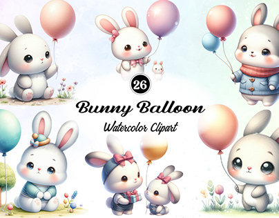 Bunny Balloon Watercolor Clipart