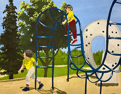 Gouache Painting - My children in the playground
