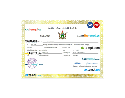 Zimbabwe marriage certificate Word and PDF template