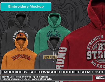 embroidery faded washed Hoodie Mockup PSD template
