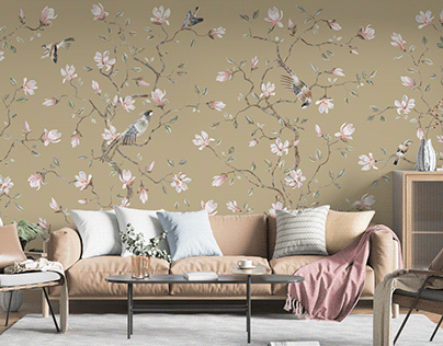 In magnolias. Hand drawn chinoiserie wallpaper design