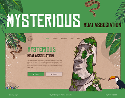landing page design for NFT Mysterious Moai Association