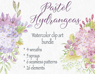 Watercolor clip art bundle of pastel hydrangeas