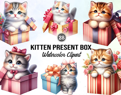 Kitten Present Box Watercolor Clipart