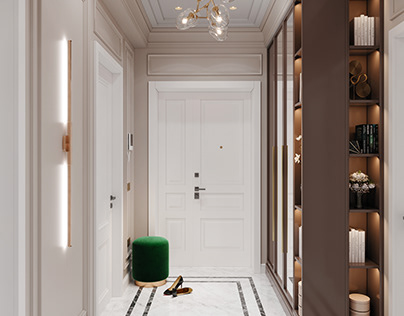 neoclassical hallway and bathrrom design
