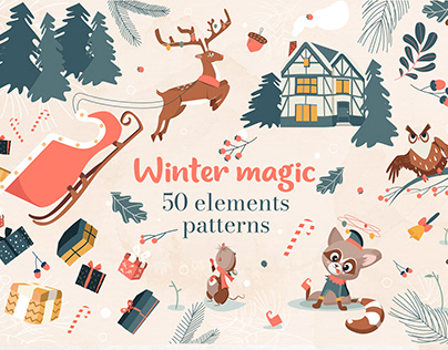 Winter. Merry Christmas.50 elements for pattern