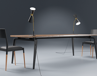 Odessa Table, Bic Chair and Megafono Lamp