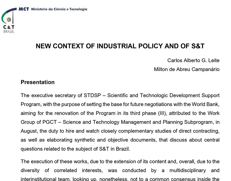 Novo Contexto de Política Industrial e de C&T