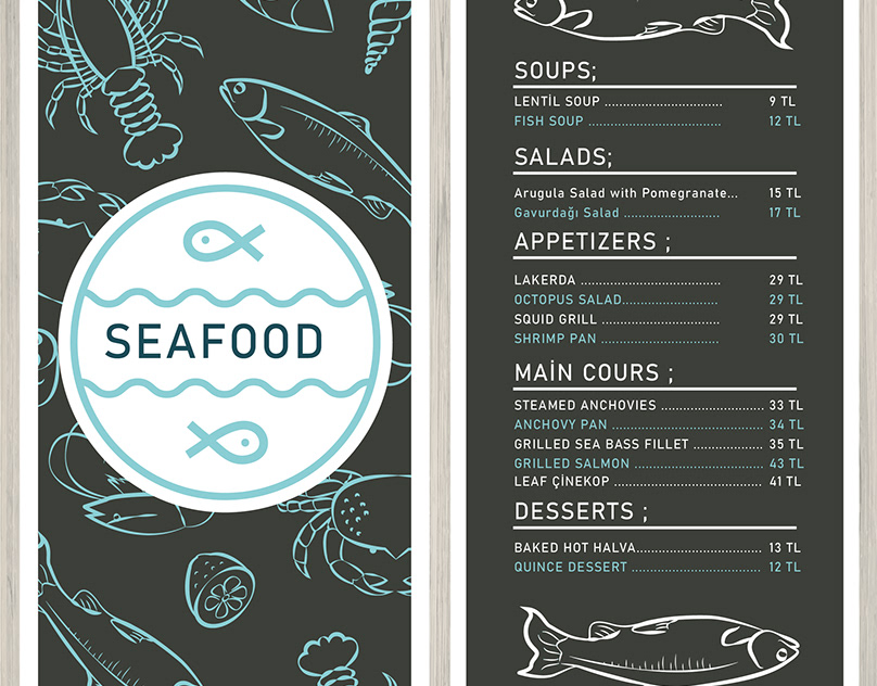 Sea food menu design.