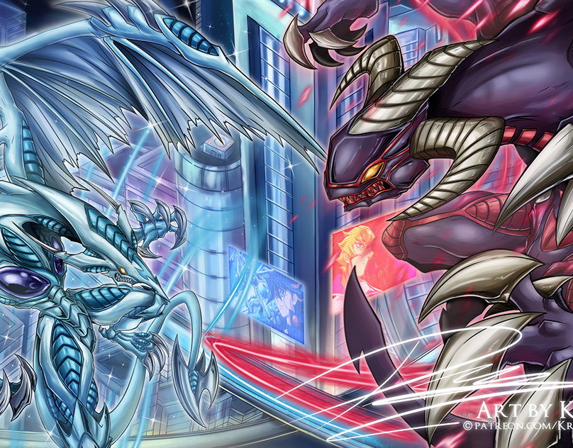 TSX1 Playmat Art: Red Demon's Dragon vs Stardust Dragon.