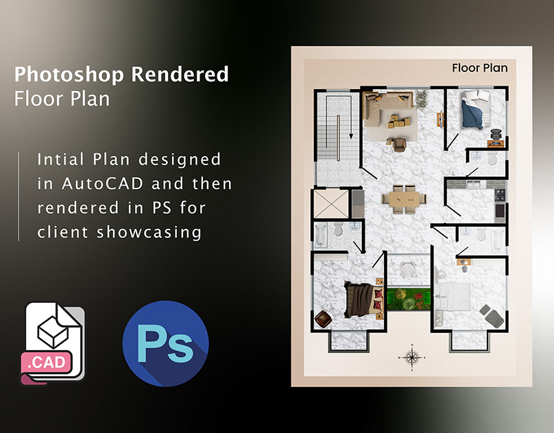 Autocad floor plan design and photo shopm render 
