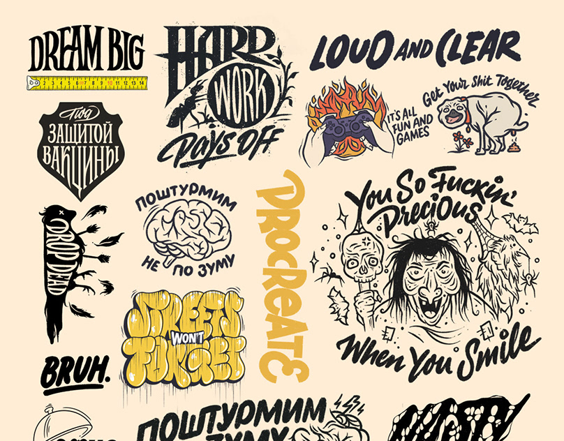 Lettering & illustrations for merch, stickers, advertising, etc.