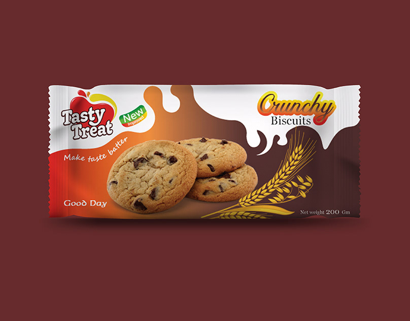 Tasty treat crunchy biscuits Packet design.