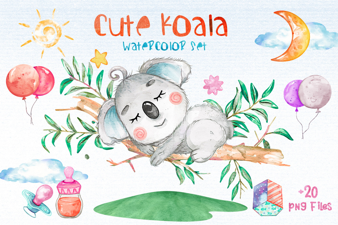 Watercolor Koala Cliparts Set rendition image